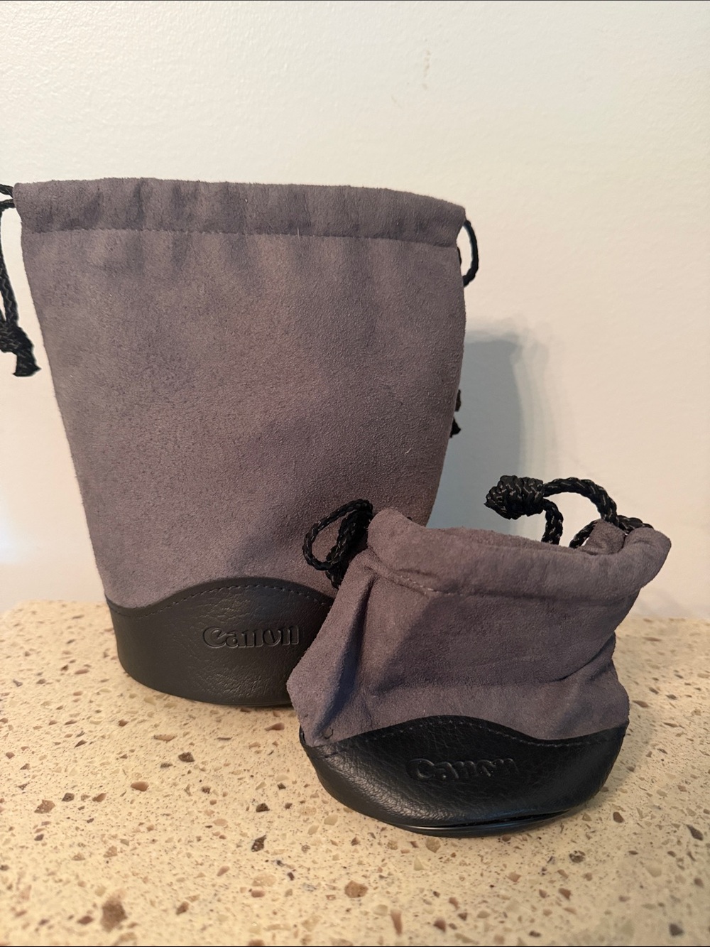 Canon Gray Suede-Look Drawstring Lens Pouches with Black Trim - Set of 2